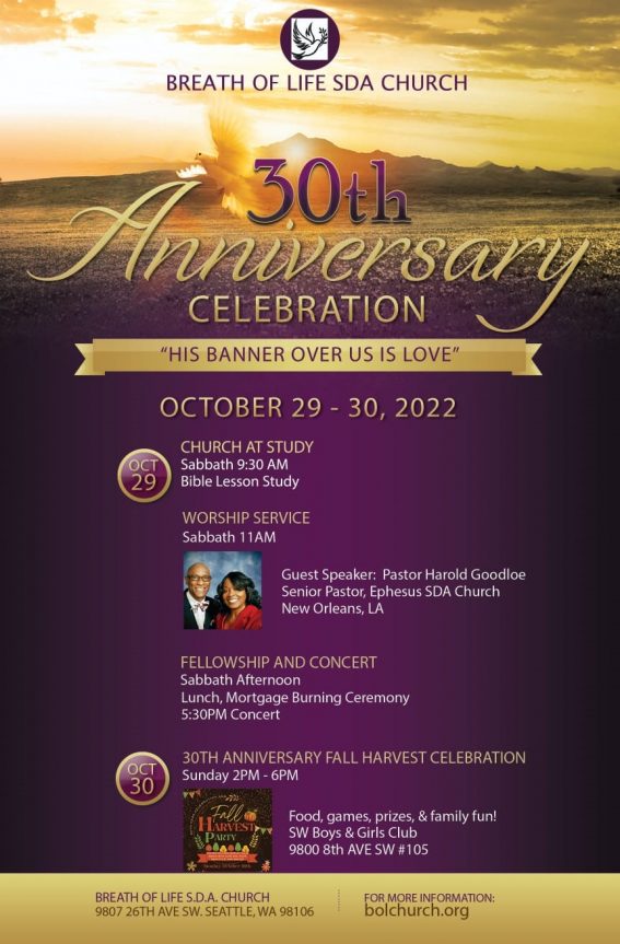 Breath of Life SDA Church Seattle, WA
30th Anniversary Celebration
LIVE STREAM